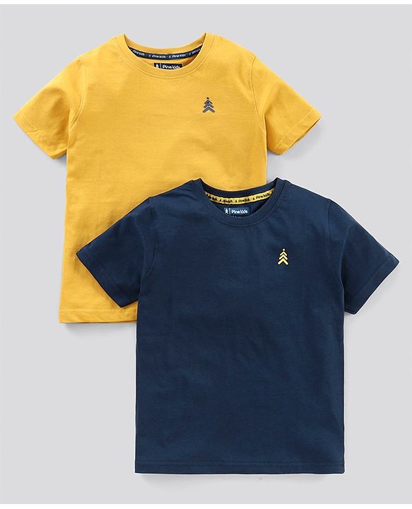Pine Kids Half Sleeves Bio Wash T-shirt Solid Pack of 2 - Navy Yellow