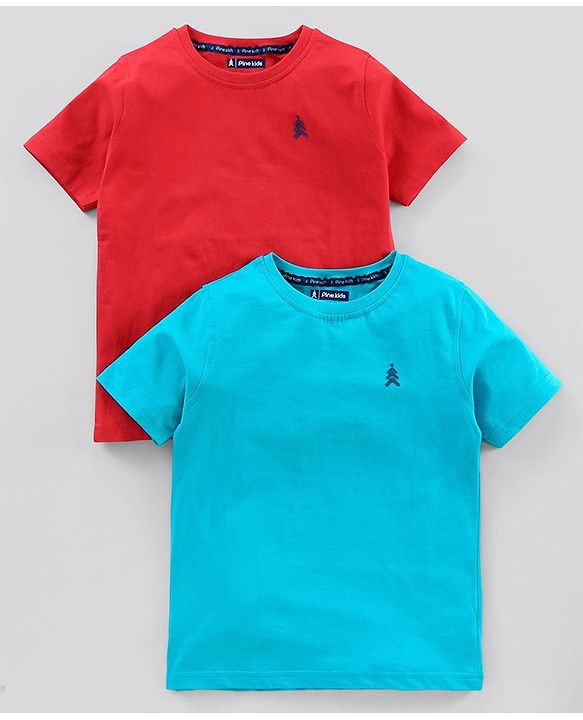 Pine Kids Half Sleeves Bio Wash T-shirt Solid Pack of 2 - Blue Red