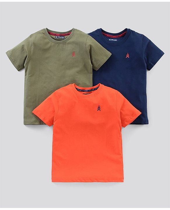 Pine Kids Half Sleeves Bio Wash Cotton T-shirt Solid Pack of 3 - Multicolour