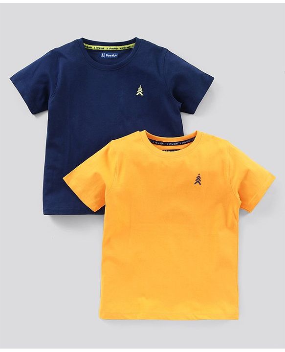 Pine Kids Half Sleeves Bio Wash Cotton T-shirt Solid Pack of 2 - Yellow Navy Blue