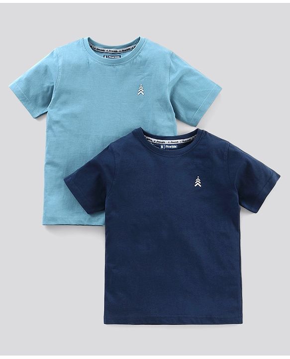 Pine Kids Half Sleeves Bio Wash Cotton T-shirt Solid Pack of 2 - Light and Navy Blue
