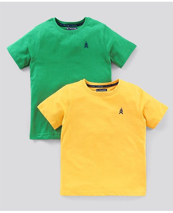 Pine Kids Half Sleeves Bio Wash T-shirt Solid Pack of 2 - Green Yellow
