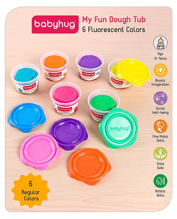 Babyhug My Fun Jumbo Dough Kit Fluorescent Colors with 12 Tools Pack of 6 - 720 g