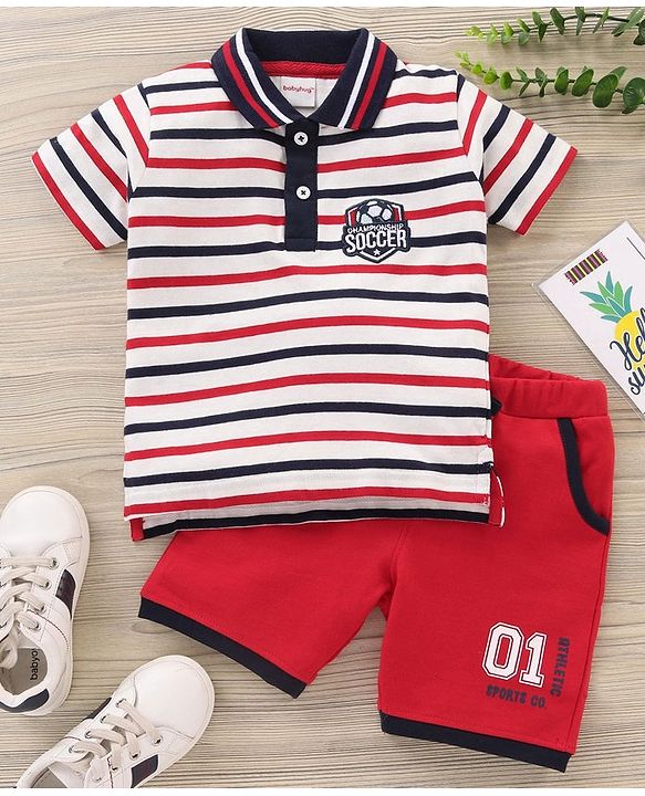 Babyhug Cotton Half Sleeves Tee & Shorts Set Stripes - White Red