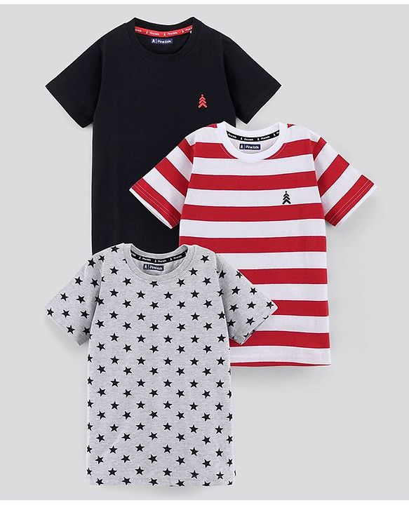 Pine Kids Biowash Half Sleeves Tees Pack of 3 - Black Light Grey Red