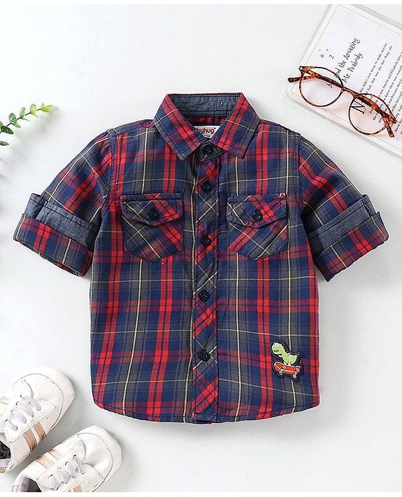 Babyhug Full Sleeves Cotton Checks Shirt - Orange Blue