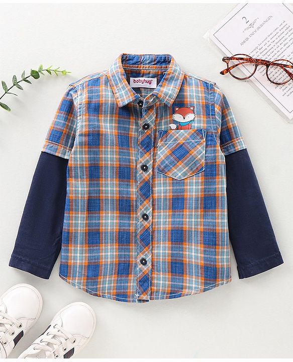 Babyhug Doctor Sleeves Checks Shirt- Navy Blue Orange