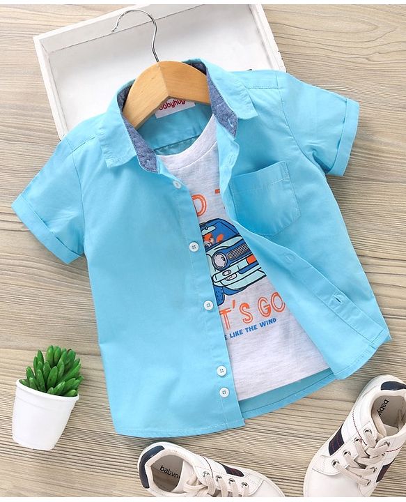 Babyhug Cotton Woven Half Sleeves Shirt Solid With Printed Inner Tee - Blue
