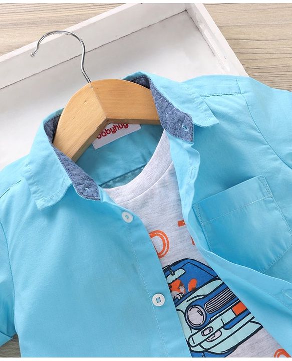 Babyhug Cotton Woven Half Sleeves Shirt Solid With Printed Inner Tee - Blue