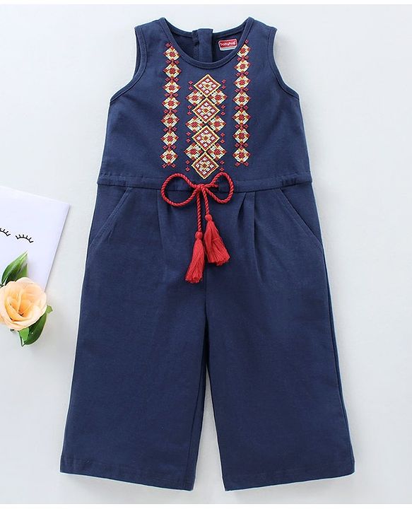 Babyhug Sleeveless Cotton Ethnic Jumpsuit Embroidered - Blue