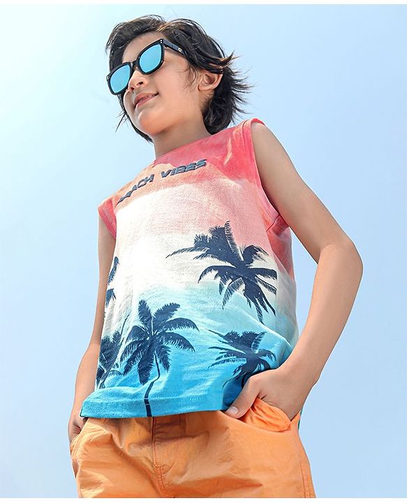 Pine Kids Sleeveless Cotton T-shirt Beach Print - Multicolour