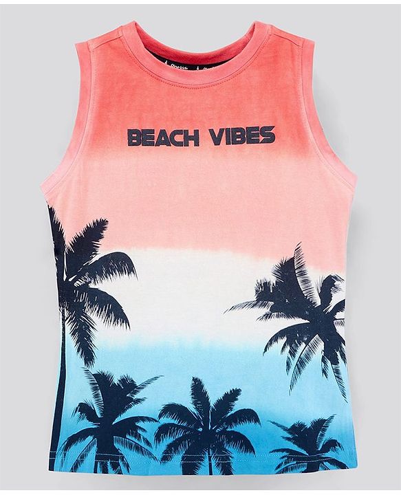 Pine Kids Sleeveless Cotton T-shirt Beach Print - Multicolour