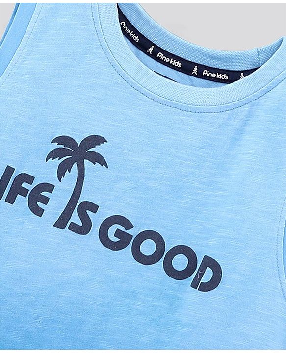 Pine Kids Sleeveless Cotton T-shirt Text Print - Blue
