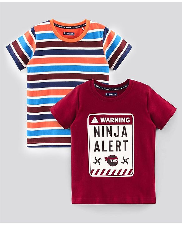 Pine Kids Half Sleeves T-shirt with Striped and Ninja Print Pack of 2 - Maroon Orange and Blue