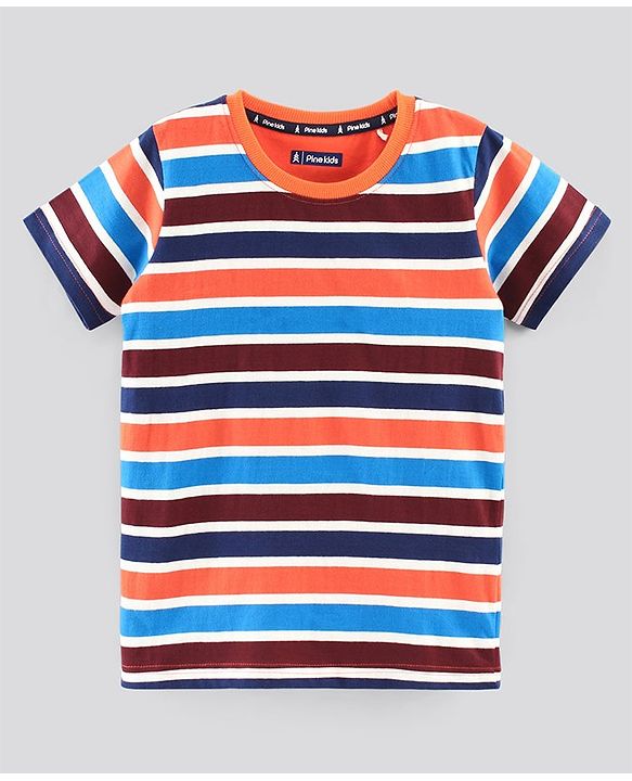 Pine Kids Half Sleeves T-shirt with Striped and Ninja Print Pack of 2 - Maroon Orange and Blue