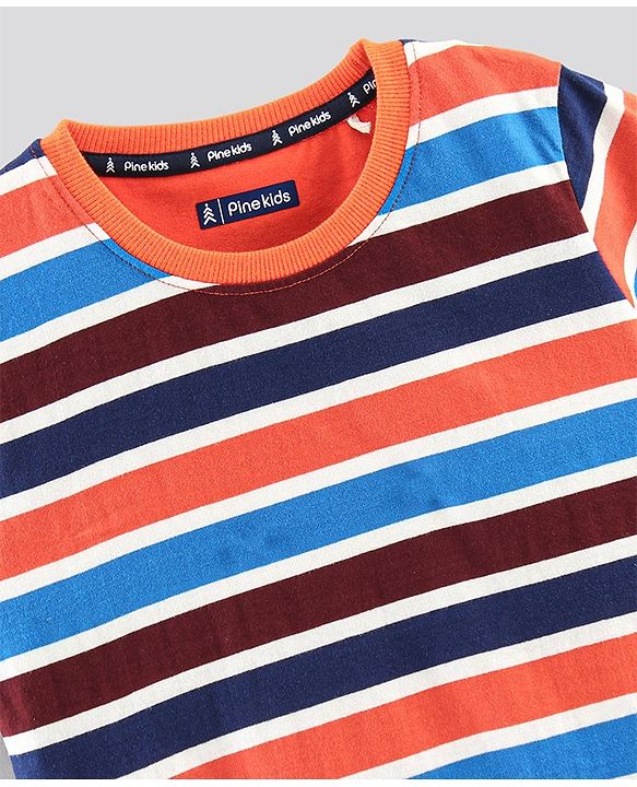 Pine Kids Half Sleeves T-shirt with Striped and Ninja Print Pack of 2 - Maroon Orange and Blue