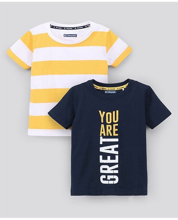 Pine Kids Biowash Half Sleeves Tees Pack of 2 - Yellow Navy Blue