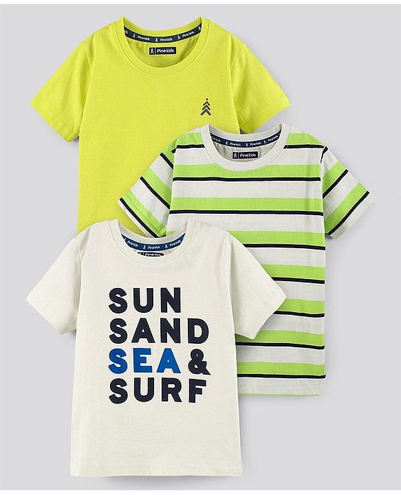 Pine Kids Biowash Half Sleeves Tees Text Print Pack of 3 - Light Green White