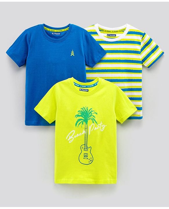 Pine Kids Biowash Half Sleeves Tees Beach Party Print Pack of 3 - Royal Blue Green