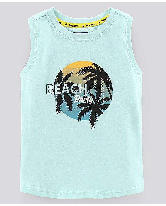 Pine Kids Sleeveless Cotton Biowash T-shirt Beach Party Print - Blue