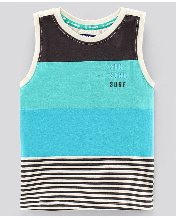 Pine Kids Sleeveless Biowashed T-Shirt Text & Stripes Print - Blue Black