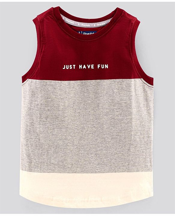 Pine Kids Sleeveless Cotton Biowash T-shirt Text Print - Maroon Grey