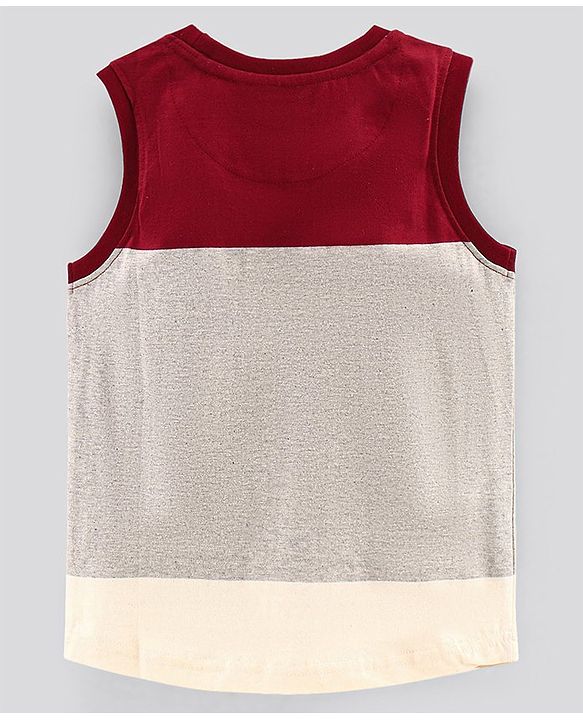 Pine Kids Sleeveless Cotton Biowash T-shirt Text Print - Maroon Grey