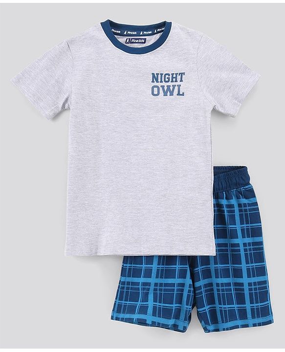 Pine Kids Biowash Half Sleeves Tee & Checked Shorts Nightwear Set - Grey Blue