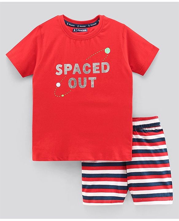 Pine Kids Biowashed Half Sleeves Night Suit Text Print - Red