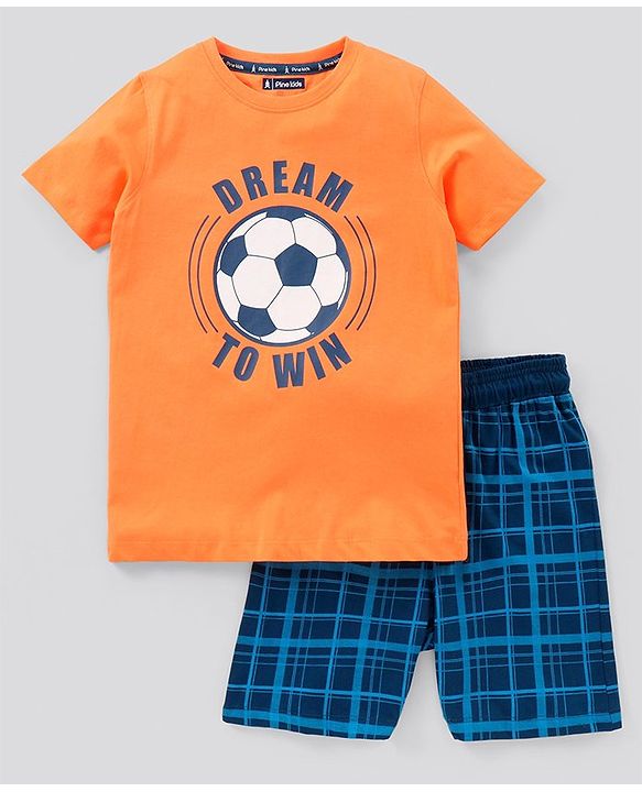 Pine Kids Biowash Half Sleeves Tee & Shorts Nightwear Set Football & Checks Print - Orange Blue