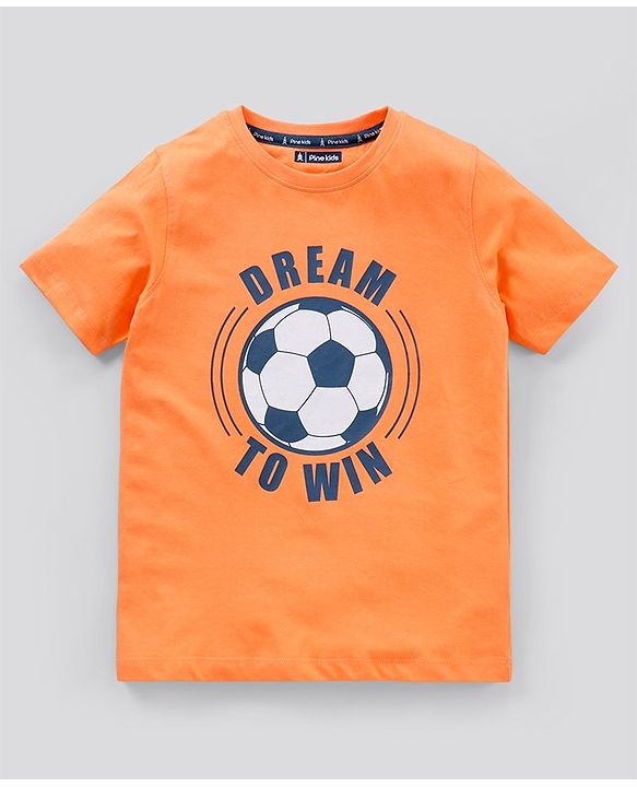 Pine Kids Biowash Half Sleeves Tee & Shorts Nightwear Set Football & Checks Print - Orange Blue