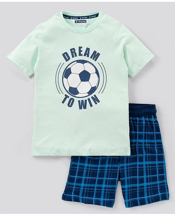 Pine Kids Biowash Half Sleeves Tee & Shorts Nightwear Set Football & Checks Print - Light & Navy Blue