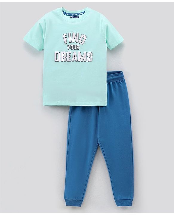 Pine Kids Half Sleeves Biowashed Night Suit Text Print - Sky Blue