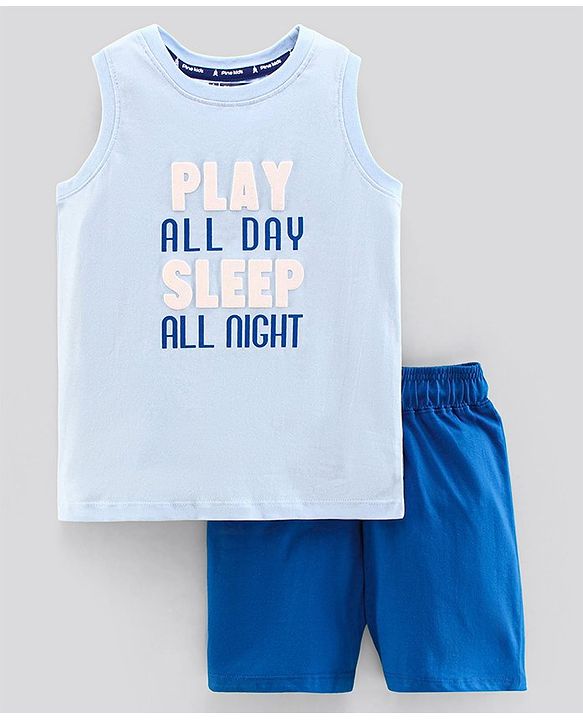 Pine Kids Biowash Sleeveless Tee & Shorts Text Print - Blue