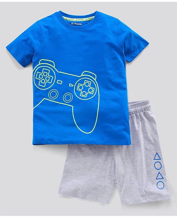 Pine Kids Biowashed Half Sleeves Night Suit Gaming Console Print - Blue Grey