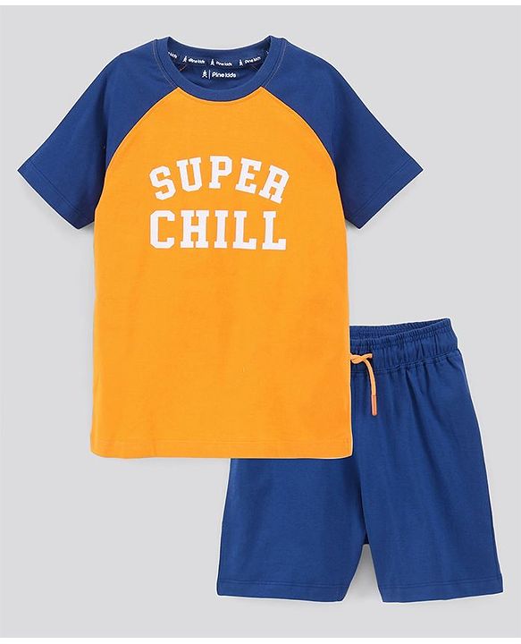 Pine Kids Biowash Half Sleeves Tee & Shorts Nightwear Text Print - Orange Blue