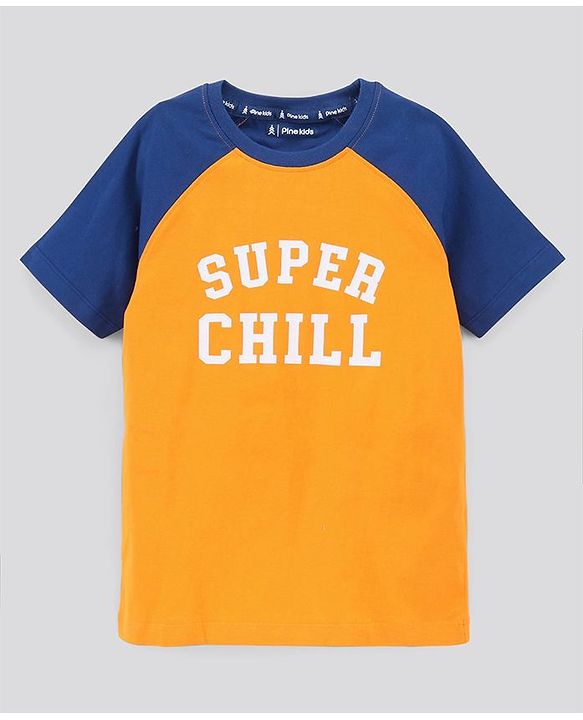 Pine Kids Biowash Half Sleeves Tee & Shorts Nightwear Text Print - Orange Blue