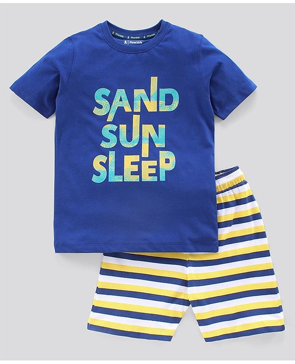 Pine Kids Biowashed Half Sleeves Night Suit Text Print - Royal Blue Yellow