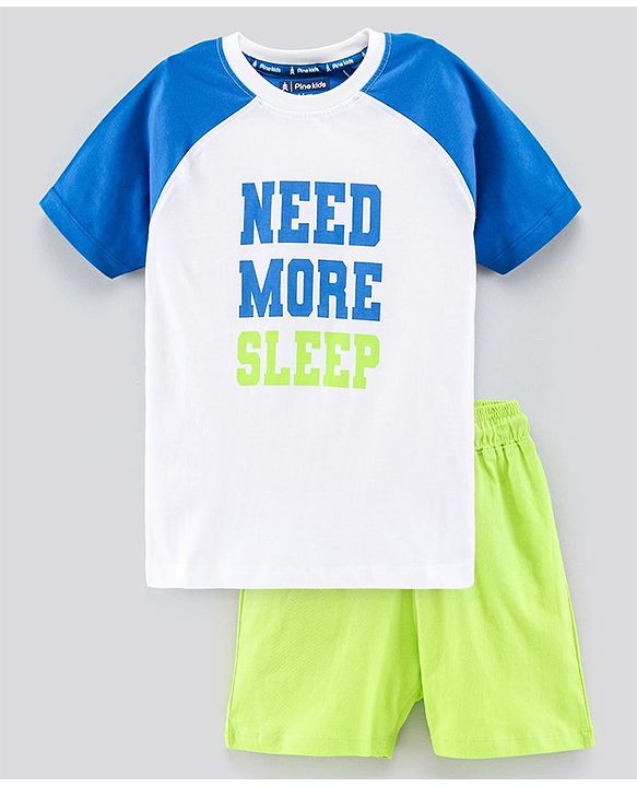 Pine Kids Biowashed Raglan Sleeves Tee & Shorts Text Print - White Light Green