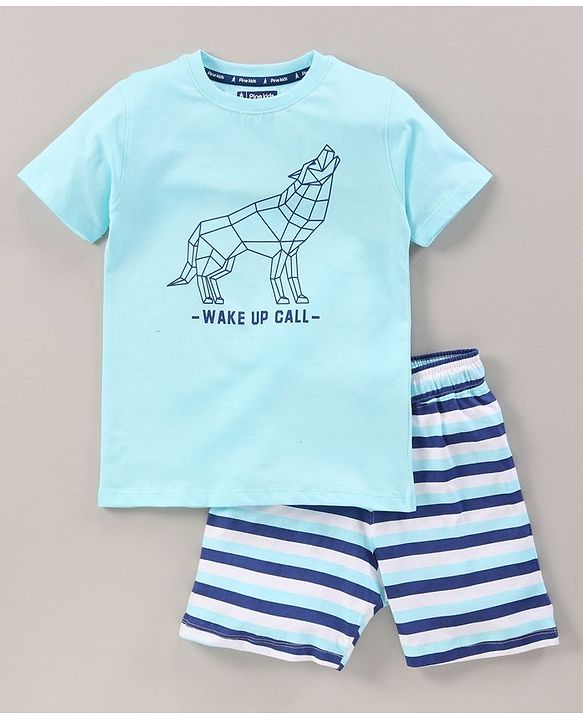 Pine Kids Biowashed Half Sleeves Night Suit Fox Print - Aqua & Navy Blue