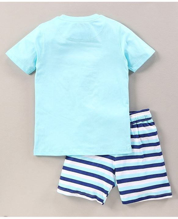 Pine Kids Biowashed Half Sleeves Night Suit Fox Print - Aqua & Navy Blue