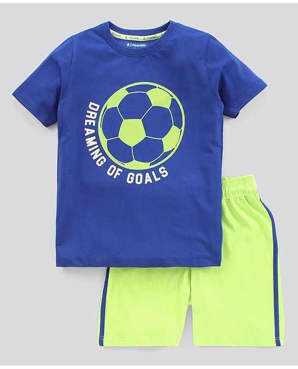 Pine Kids Biowashed Half Sleeves Night Suit Text & Football Print - Royal Blue Green