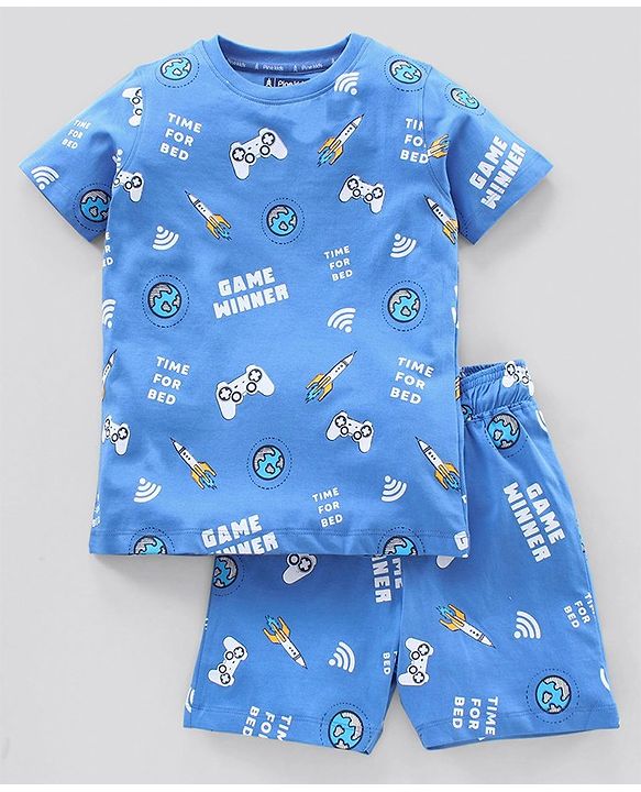 Pine Kids Biowash Half Sleeves Night Suit Game Winner Print - Light Blue