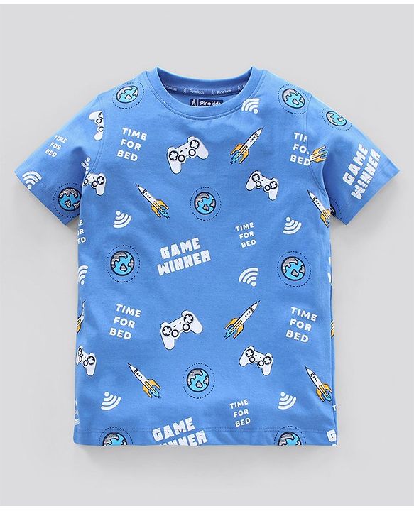 Pine Kids Biowash Half Sleeves Night Suit Game Winner Print - Light Blue