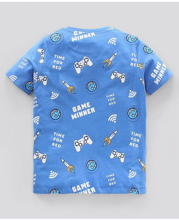 Pine Kids Biowash Half Sleeves Night Suit Game Winner Print - Light Blue