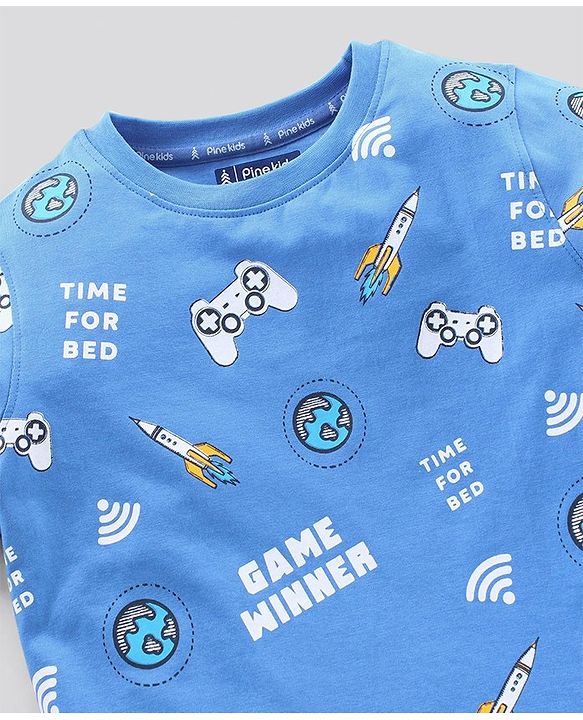 Pine Kids Biowash Half Sleeves Night Suit Game Winner Print - Light Blue