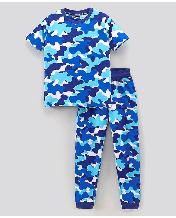 Pine Kids Half Sleeves Biowashed Night Suit Camo Print - Blue