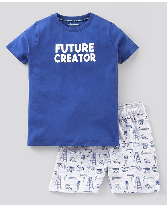 Pine Kids Half Sleeves Biowash T-Shirt & Shorts Nightwear Set Multi Print - Blue White