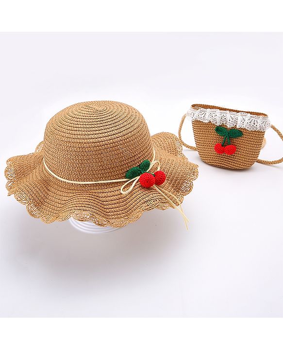 Babyhug Straw Hat With Bow & Purse - Brown