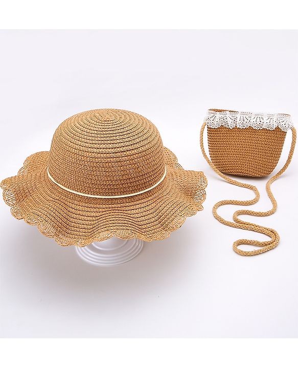 Babyhug Straw Hat With Bow & Purse - Brown